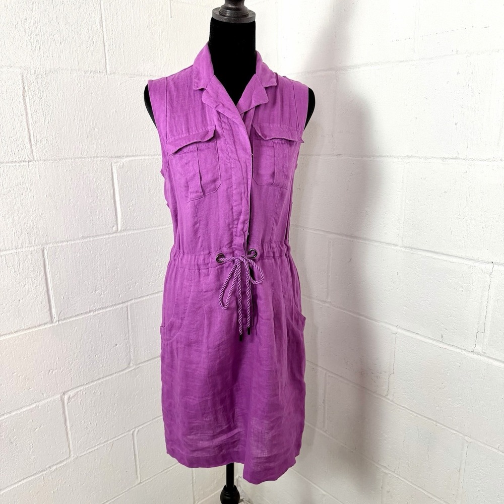 Calvin Klein 100% Linen Dress Safari Style Fuchsia Drawstring Travel Casual‎ XS